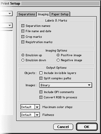 FreeHand Print dialog Imaging tab