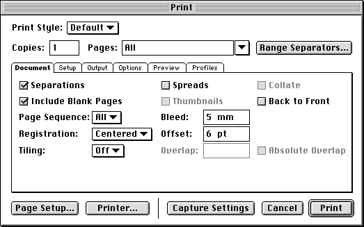 QuarkXPress Print dialog Document tab