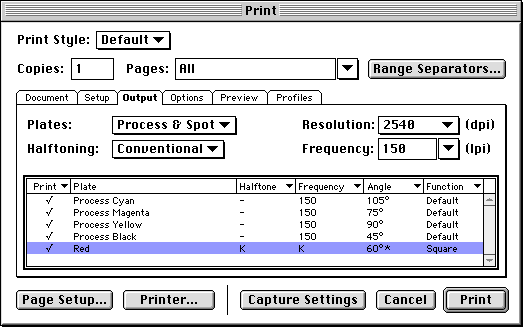 QuarkXPress Print dialog Output tab